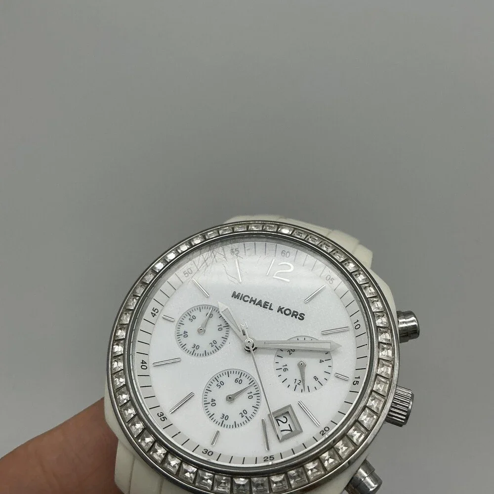 Michael Kors Womens Watch 39mm Silver Tone Chrono MK5079 New Battery 6.5